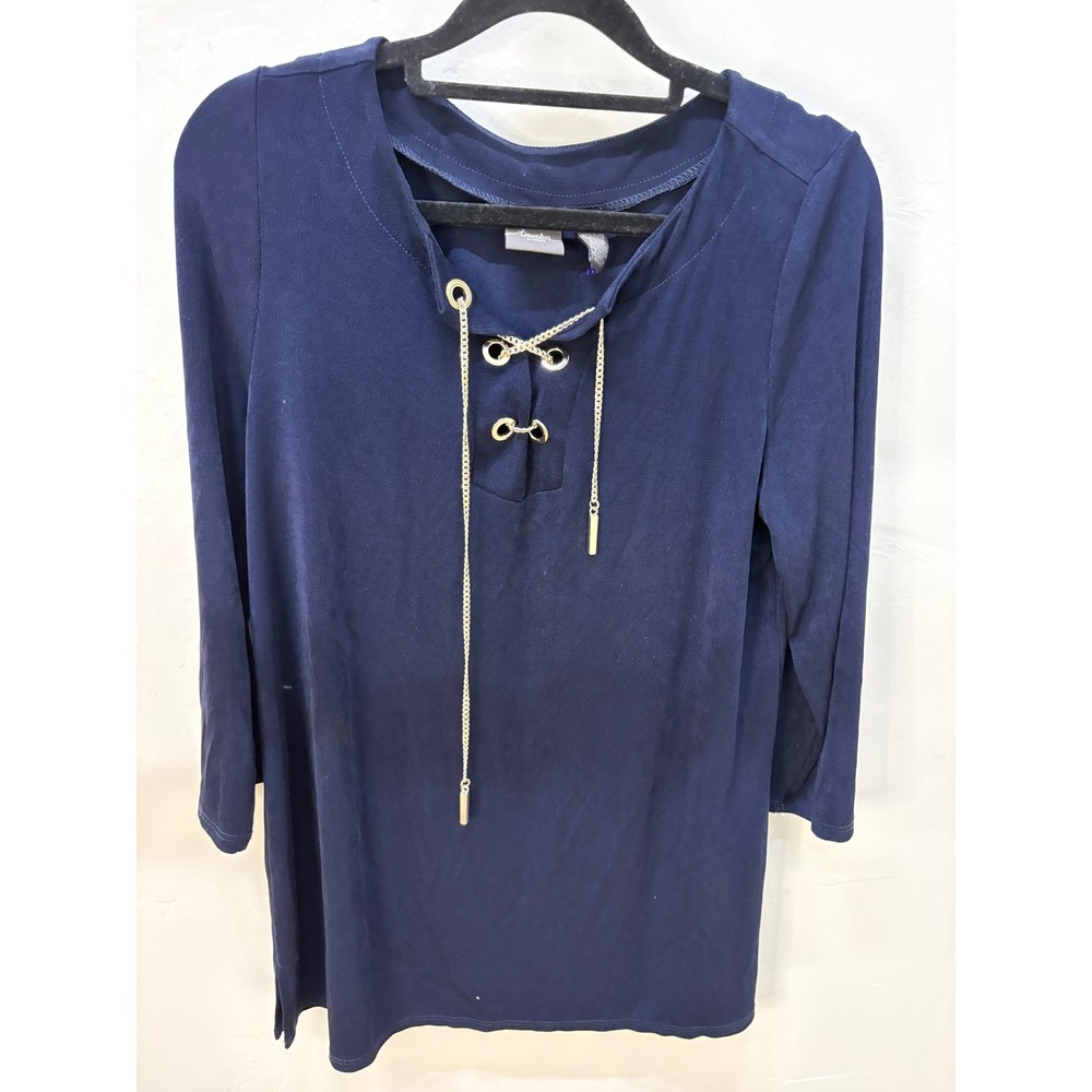 Chico's Travelers Navy Blue Lace Up Chain Neck Tunic Top Size 1 M 3/4 Sleeve